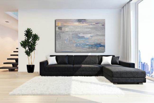 Large Abstract Art Handmade Painting,Oversized Horizontal Contemporary Art,Original Art Acrylic Painting, Grey,Blue,White.etc